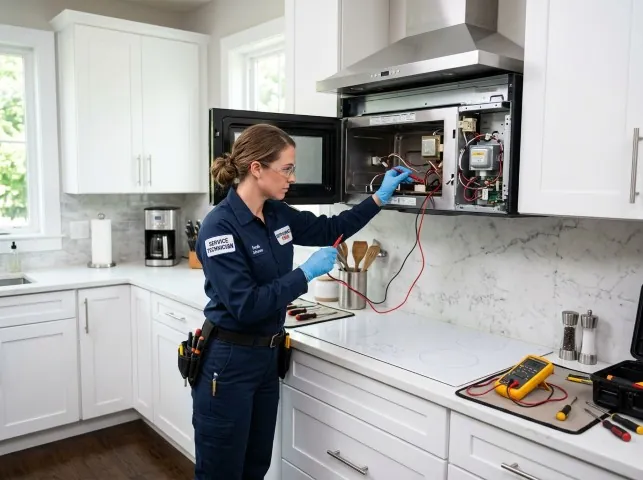 Appliance Repair Hero technician testing an over-the-range microwave in a Bixby, OK kitchen